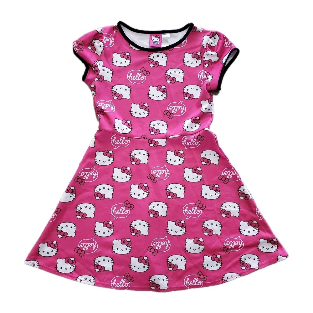 Sanrio Hello Kitty Girls Pink Skater Dress Size Large L 10/12 All Over Print